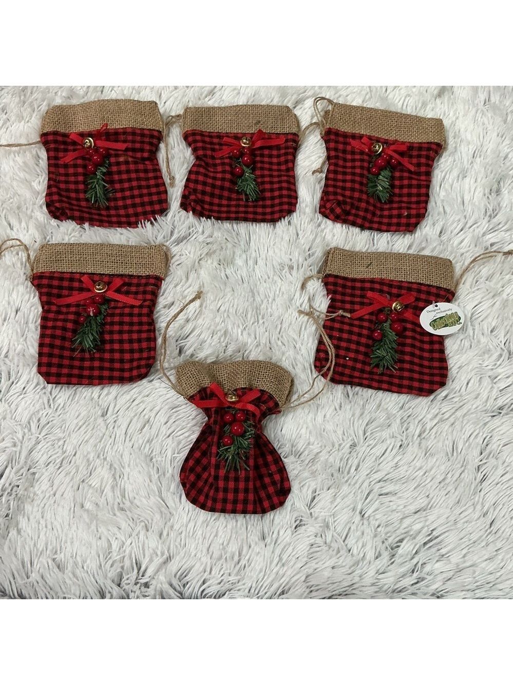 Collections Etc burlap holiday gift bags with bow bell berry & tree